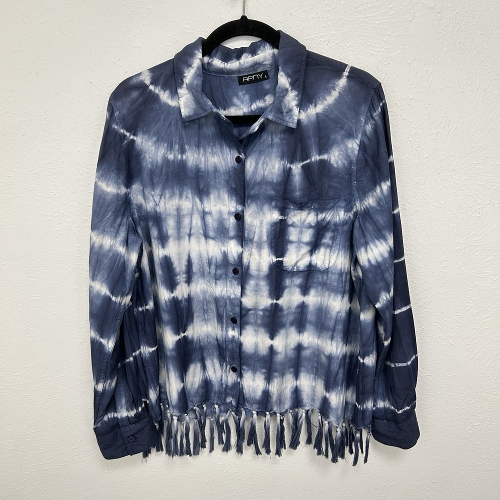 APNY Blue Tencel Tie Dye Shirt Button Down L Boho Beach Vacay Tassel Fringe Hem‎